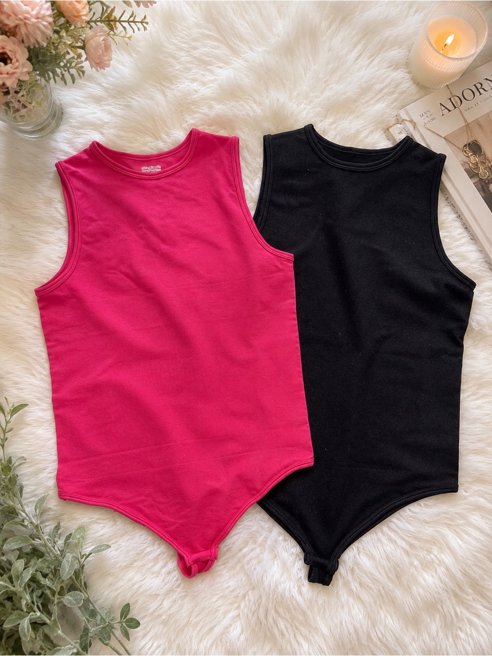 2-Pack Seamless Sleeveless Bodysuits Size M/L Pink & Black Stretch Basics
